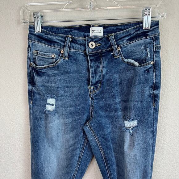 Special A Skinny Jeans Junior's 3 Mid Rise Distressed Stretch Denim Medium Wash - Picture 2 of 8